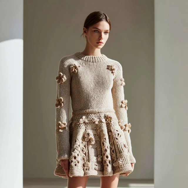 Elegant Model in Knitted Dress with Flower Details