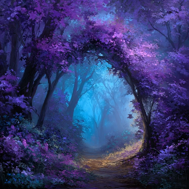 Enchanted Forest Path Glowing Purple Flowers