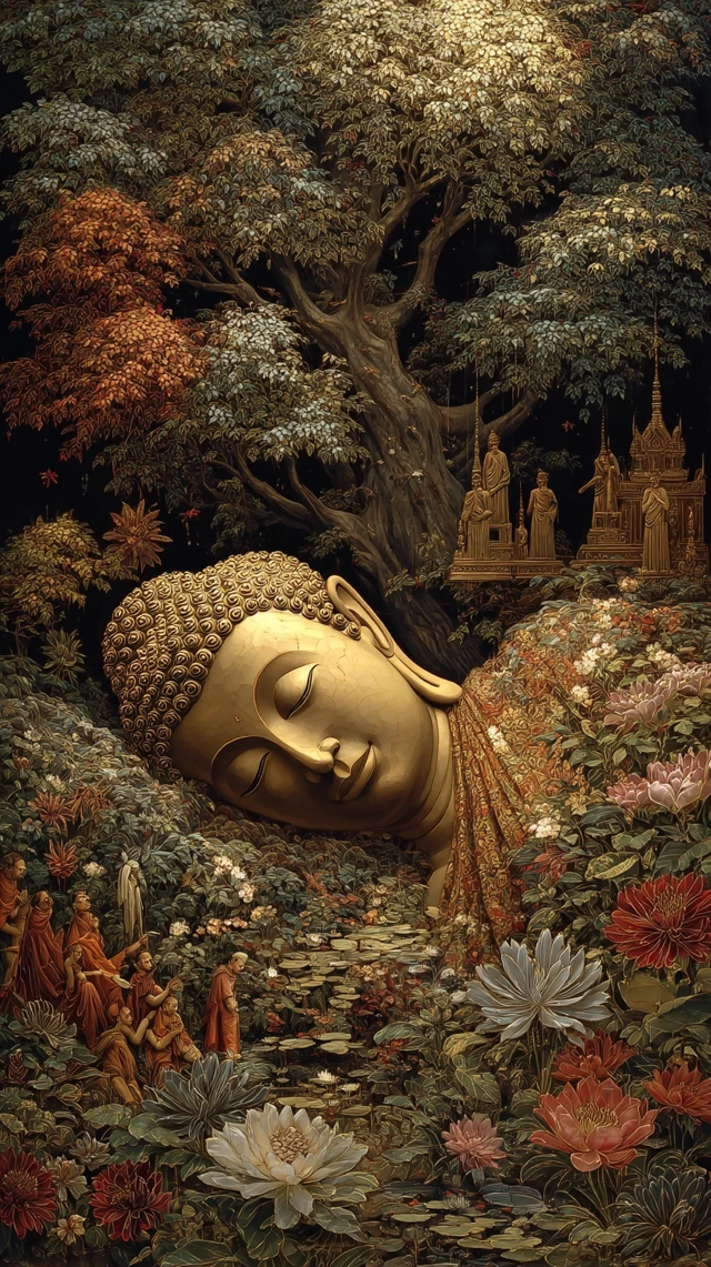 Buddha Nirvana Oil Painting Peaceful Scene