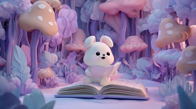 Cute Cartoon Dog Reading in a Magic Forest