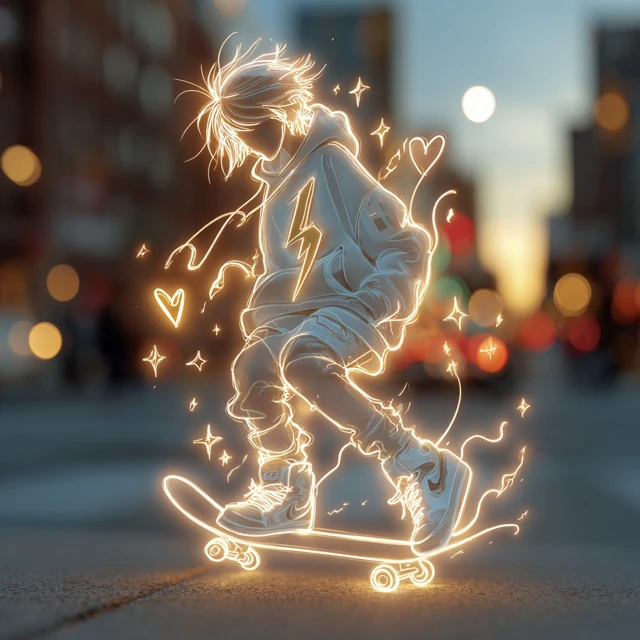 Glowing Skateboarder Golden Hour City Street Art