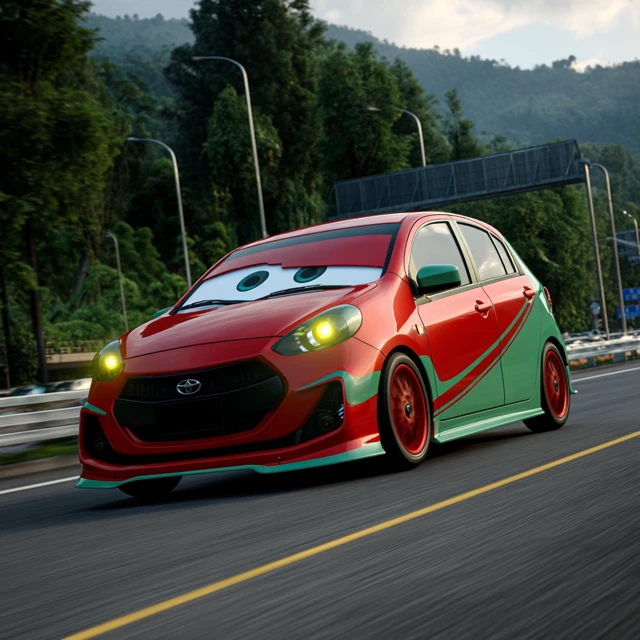 Pixar Style Animated Perodua Myvi on the Highway