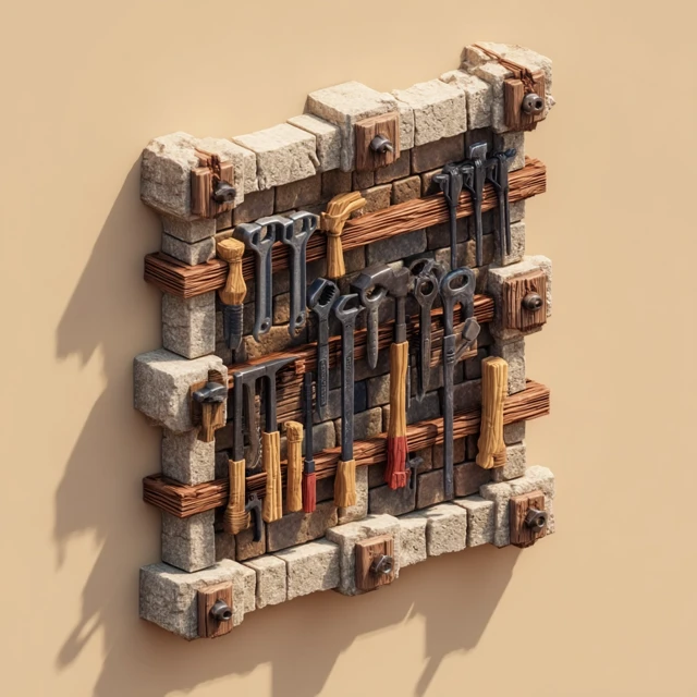 Medieval Wall Mounted Tool Grid Pixar Style 3D Render