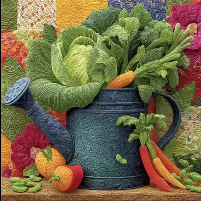 Vegetables in Watering Can Patchwork Quilt Art