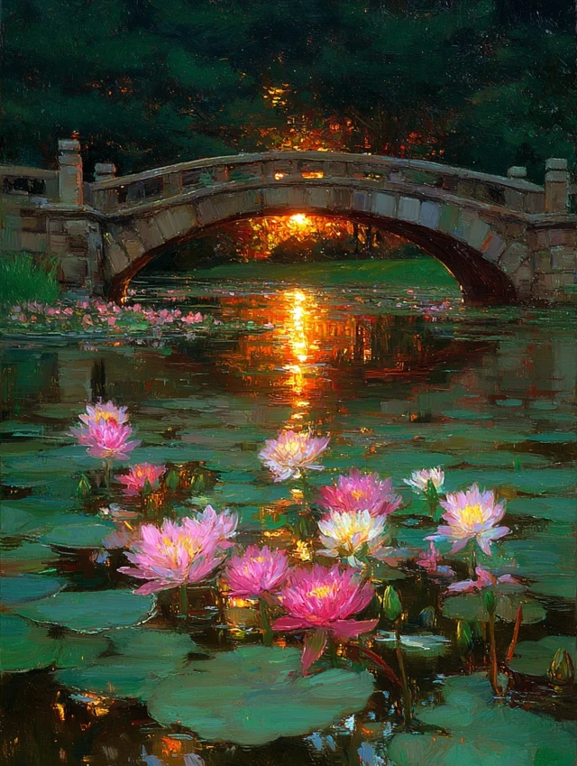 Impressionist Sunset Bridge Oil Painting