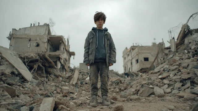 Boy in Ruined City Cinematic Portrait