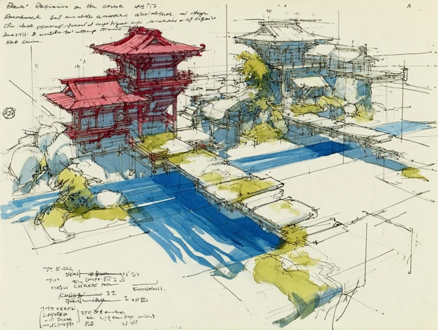 Isometric Mountain City East Asian Architecture