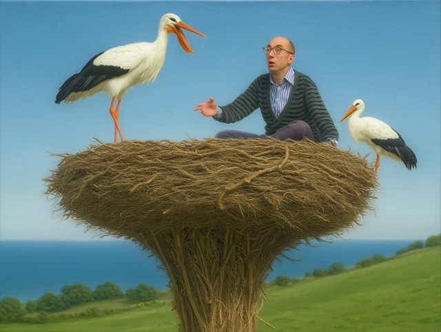 Man in Stork Nest Surreal Scene