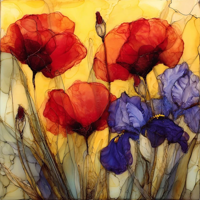 Red Poppies and Irises Abstract Painting