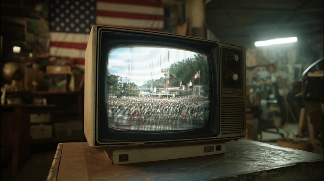 Retro TV Static Cluttered Backroom American Flag