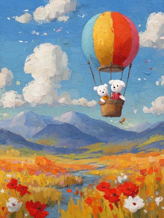 Hot Air Balloon Journey Cute Oil Painting