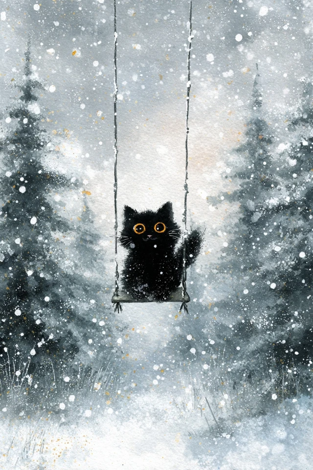 Cute Black Cat on Swing in Winter Wonderland