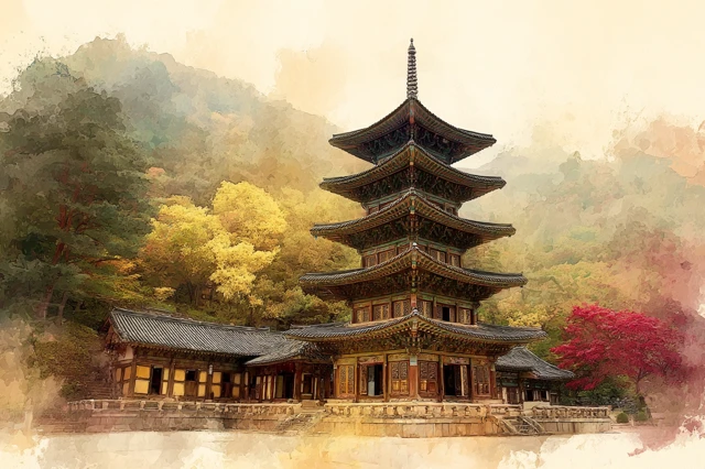 Palsangjeon Pagoda South Korea Watercolor Art