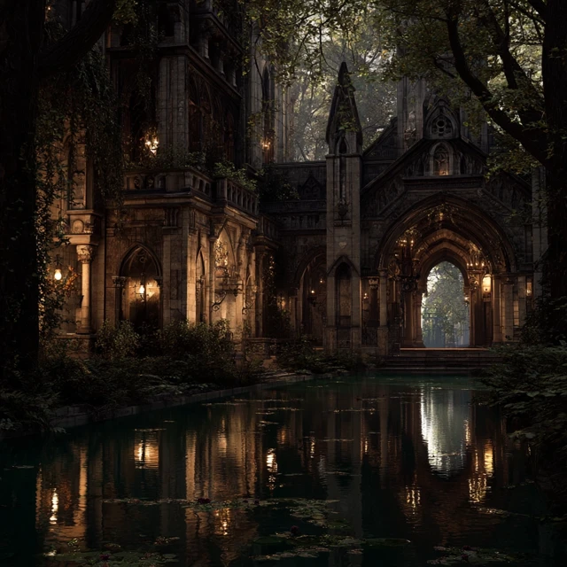 Gothic Fantasy Park with Dramatic Lighting and Architecture