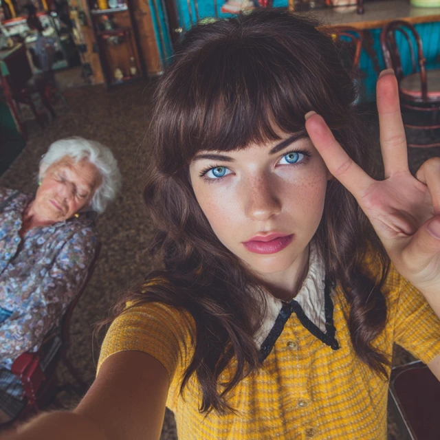 Waitress Selfie with Old Woman in Background Restaurant