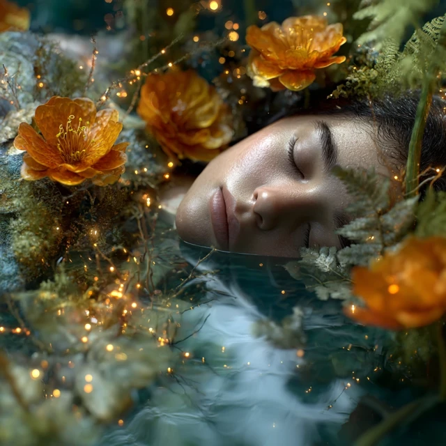 Dreamy Scene: Person in Water with Lilies