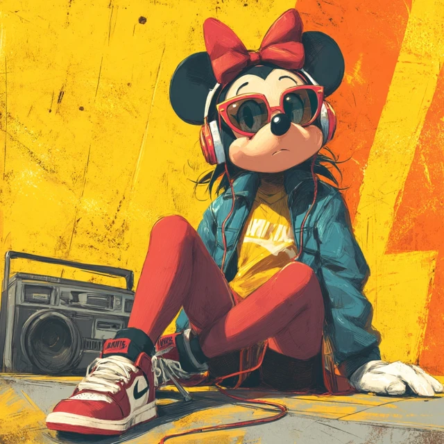 Minnie Mouse Listening to Music Retro Style