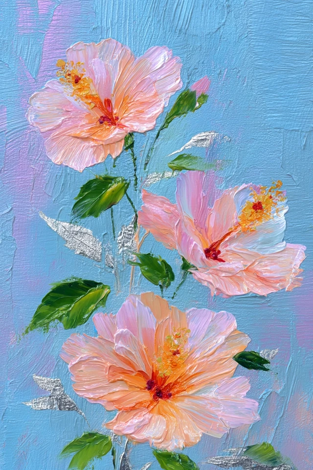 Hibiscus Blossoms Oil Painting on Blue Background