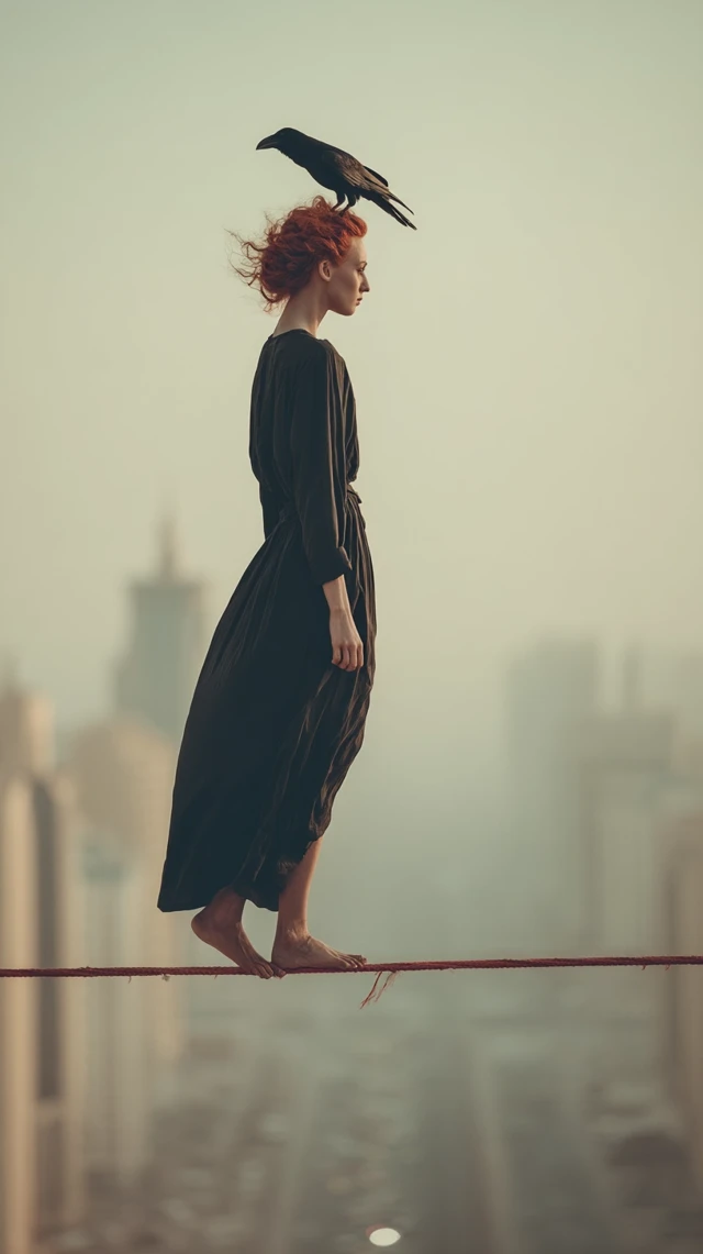 Red Haired Woman Balancing Crow Skyline