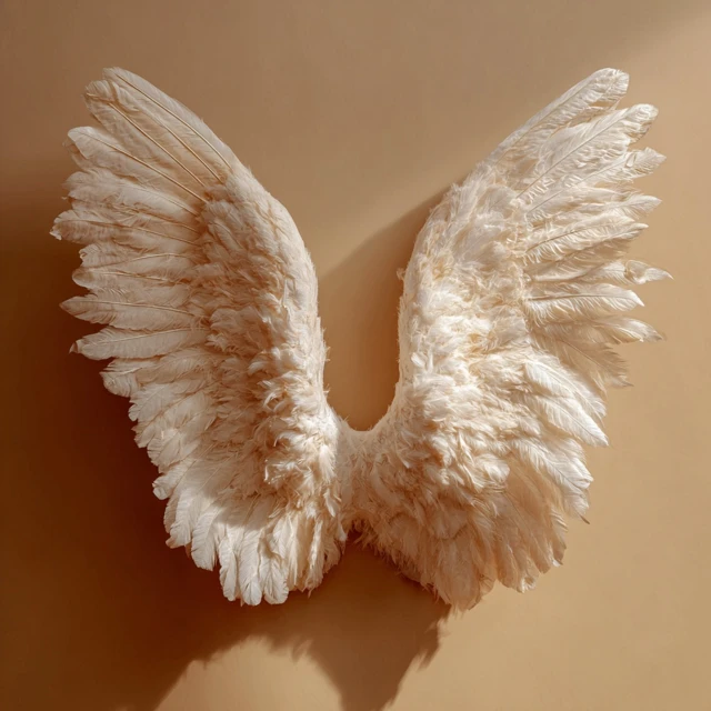 White Feather Angel Wings Against Light Tan Background