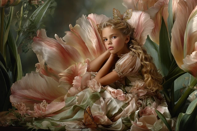 Girl in Tulip Fairytale Dream Delicate Soft Pastel