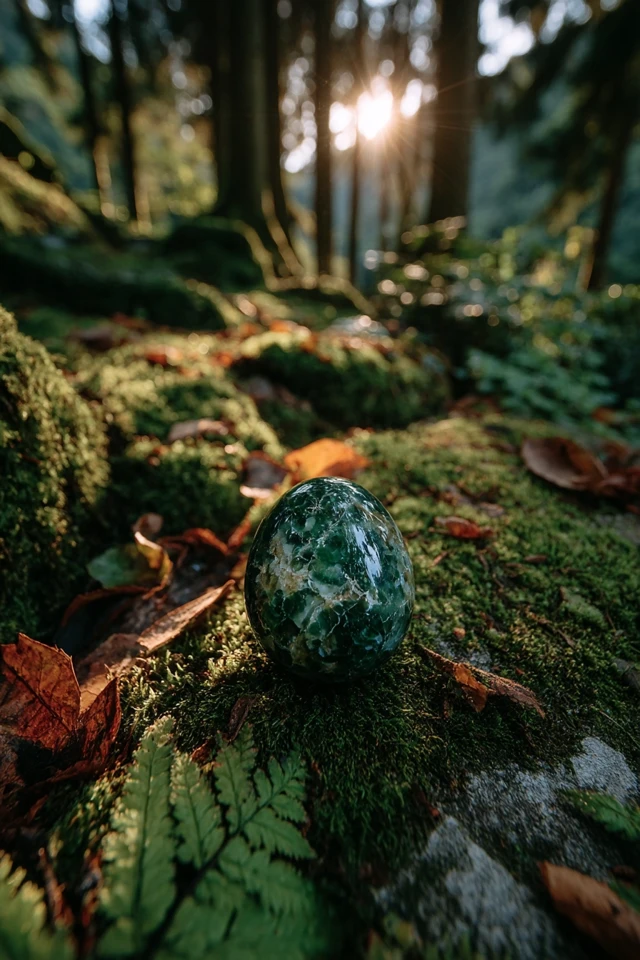Moss Agate Gemstone in Forest Sunlight