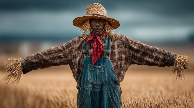 Scarecrow in Wheat Field Harvest Season Stock Photo
