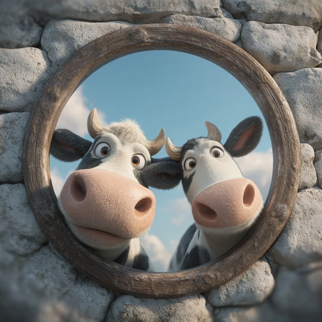 Curious Cows Through a Stone Frame 3D Cartoon