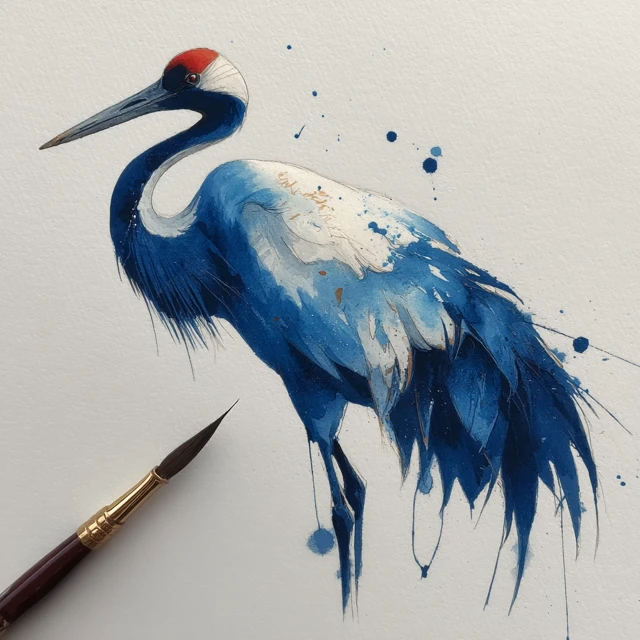Indigo Crane Watercolor Art