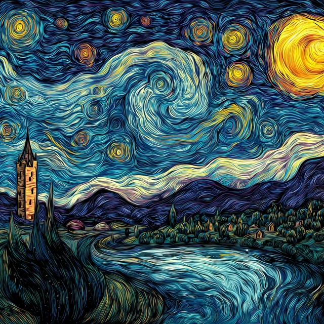 Starry Night Landscape Painting Inspired by Van Gogh