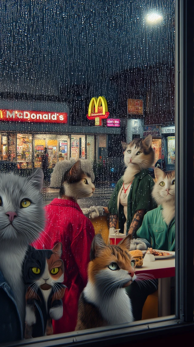 Anthropomorphic Cats at McDonalds Rain Scene