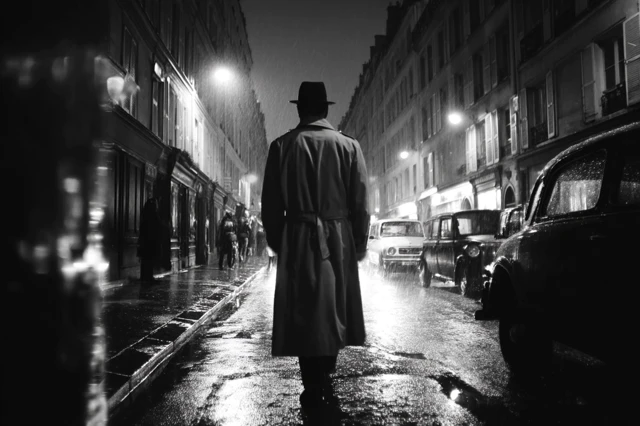 Man in Trenchcoat Walking Paris Night Rainy Black and White