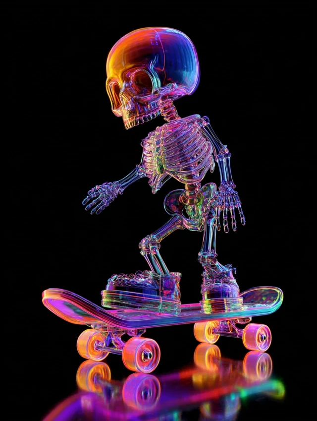 Cute 3D Skeleton on Skateboard Vibrant Colors