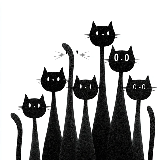 Cute Black Cat Tails White Faces Vector Art