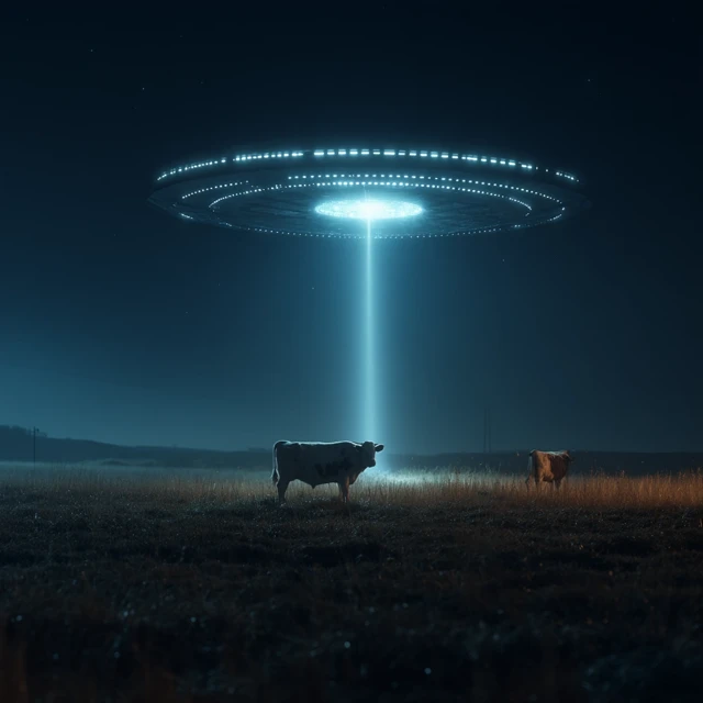 Alien Abduction of a Cow at Night 3D Render