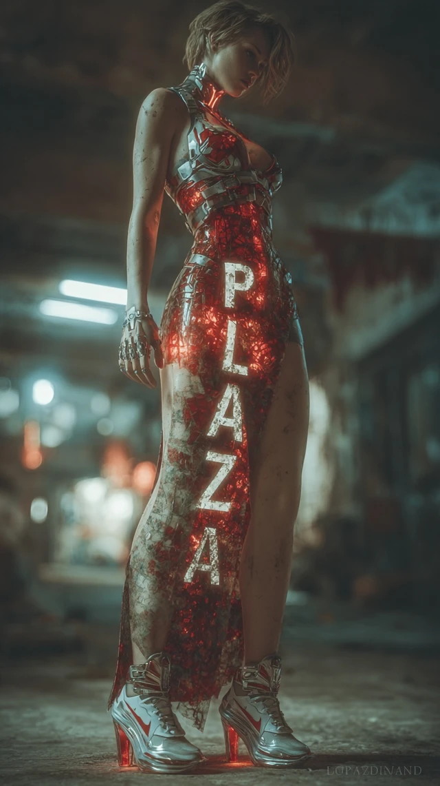 Cyberpunk Woman in Red Dress and Futuristic Heels