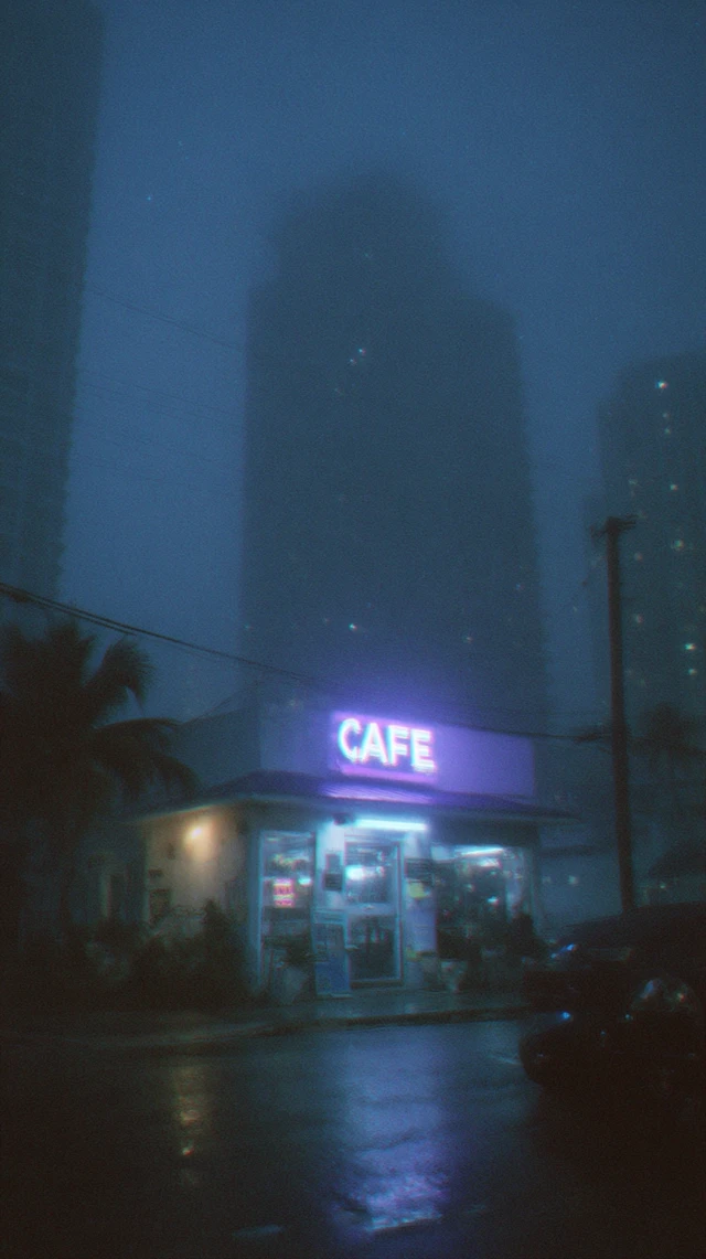 Gotham Cafe: Moody Downtown Scene with Fog and Neon