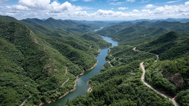 Verdant Mountains and Winding River Landscape