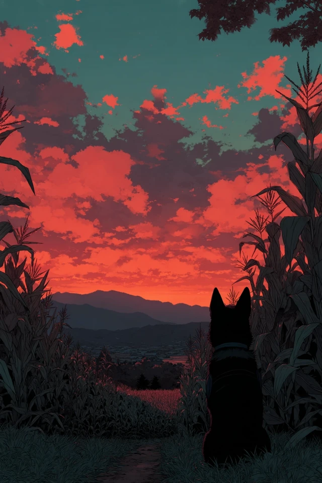 Anime Dog in a Cornfield Peaceful Scene
