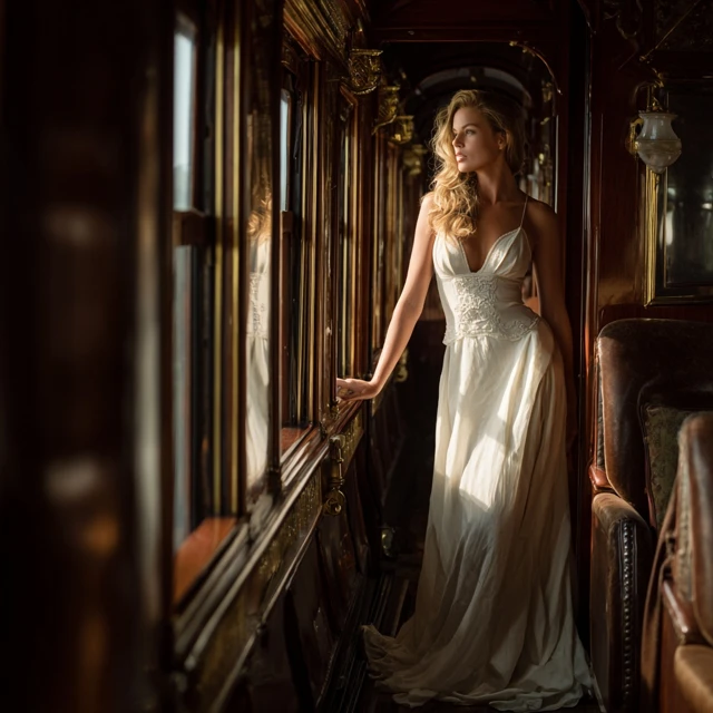Woman in Elegant Train Car Travel Photography