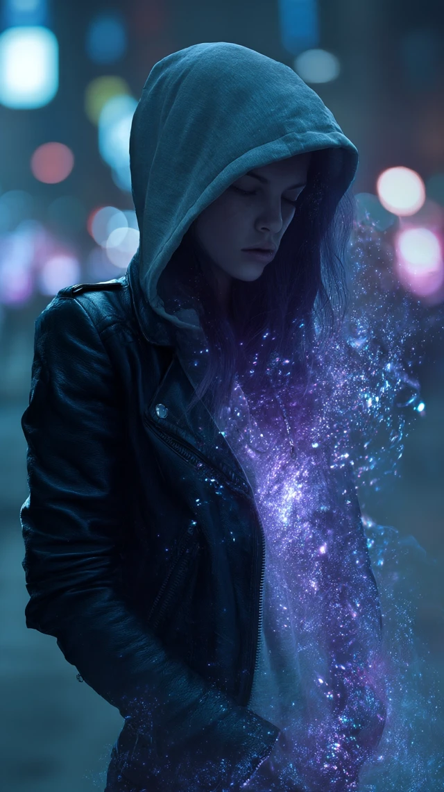 Cyberpunk Woman Disintegrating Into Energy