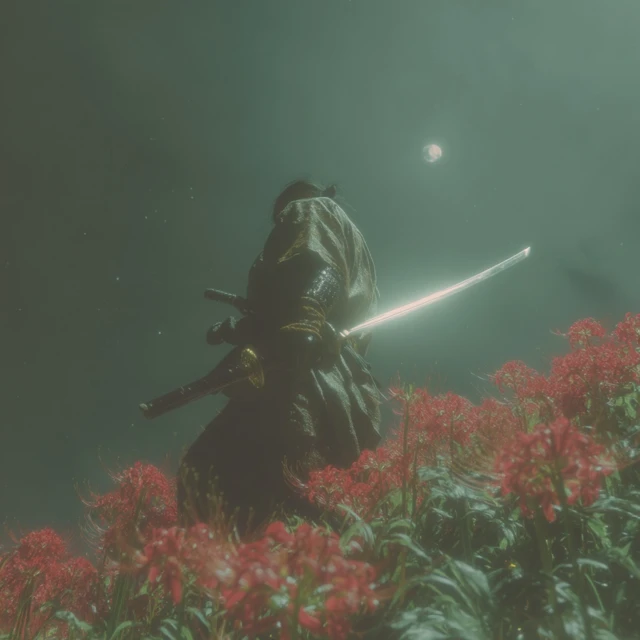Lone Samurai in Moonlight Spider Lily Valley