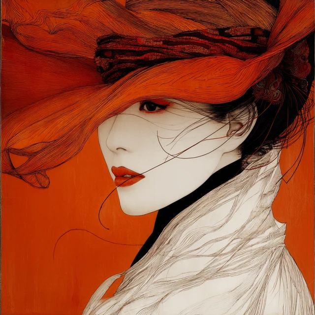 Elegant Asian Woman Portrait in Orange Hat