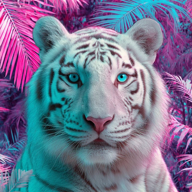 White Tiger with Teal Eyes Neon Palm Leaves
