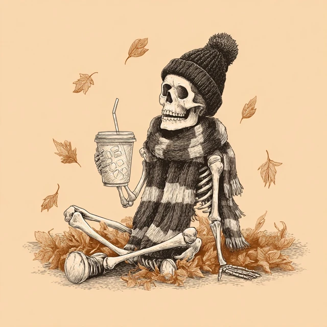Cute Skeleton with Coffee Autumn Vibes Tee Design