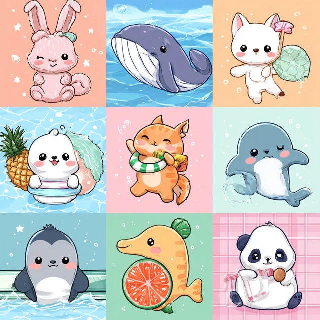 Kawaii Animals Summer Fun Illustration
