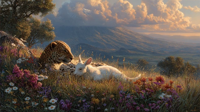 Leopard and Goat Peaceful Scene Nature Artwork