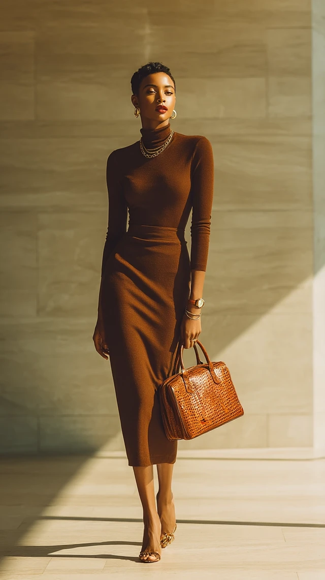 Stylish Woman in Brown Dress - Urban Fashion
