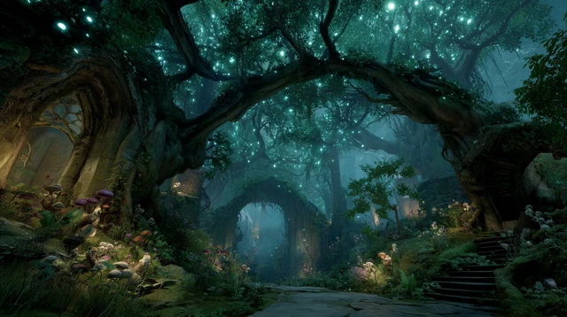 Dreamlike Forest with Glowing Fungi and Mythical Carvings