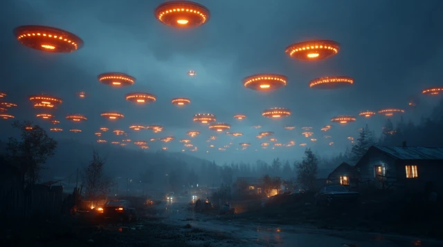 UFOs Over Rural Landscape Dusk Photorealistic